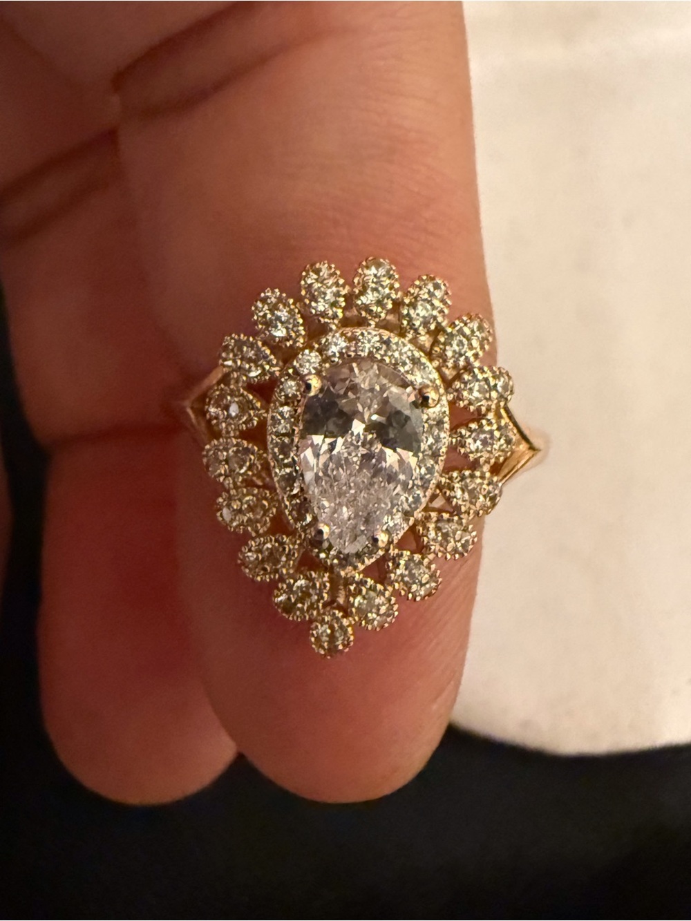 Gold Pear Halo Statement Ring with Clear Center Stone